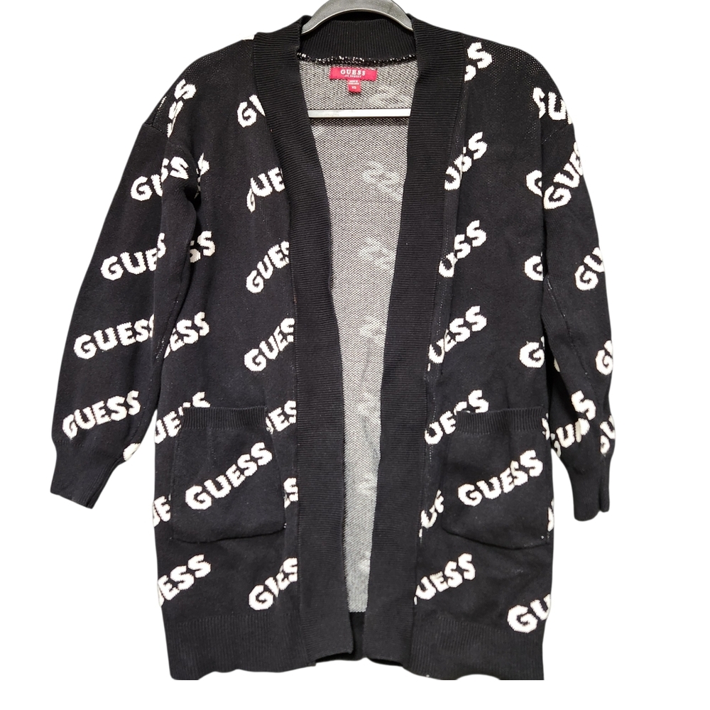GUESS Women’s Size XS Cardigan Sweater Black Logo Print Open Front